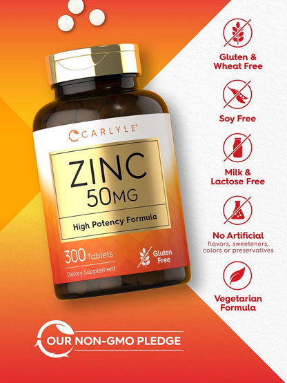 Carlyle Zink 50mg | 300 Tabletten | Vegetarisch, Non-GMO & Glutenfrei | Zinkgluconat | Hochdosiert