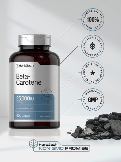 Horbäach Beta-Carotin Kapseln | 25.000 IE | 7.500 mcg Vitamin A | 400 Softgels | Nicht-GVO & Glutenfrei
