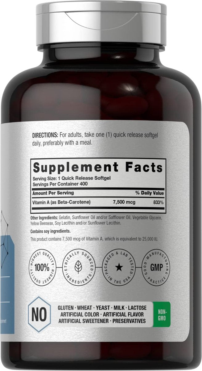 Horbäach Beta-Carotin Kapseln | 25.000 IE | 7.500 mcg Vitamin A | 400 Softgels | Nicht-GVO & Glutenfrei