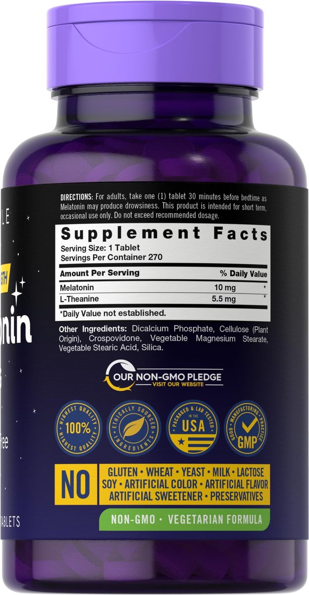 Carlyle Melatonin 10 mg + L-Theanin | 270 Tabletten | Vegetarisch, Nicht-GVO, Glutenfrei | Schlafhilfe