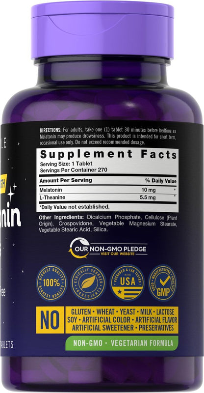 Carlyle Melatonin 10 mg + L-Theanin | 270 Tabletten | Vegetarisch, Nicht-GVO, Glutenfrei | Schlafhilfe