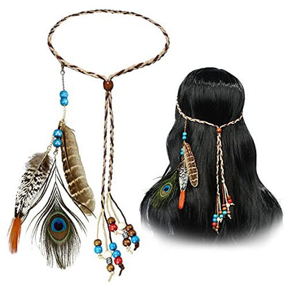 obmwang Boho Feder Stirnbänder Indisches Feder Stirnband Pfauenfedern Festivalkostüm Haaraccessoires für Frauen und Mädchen