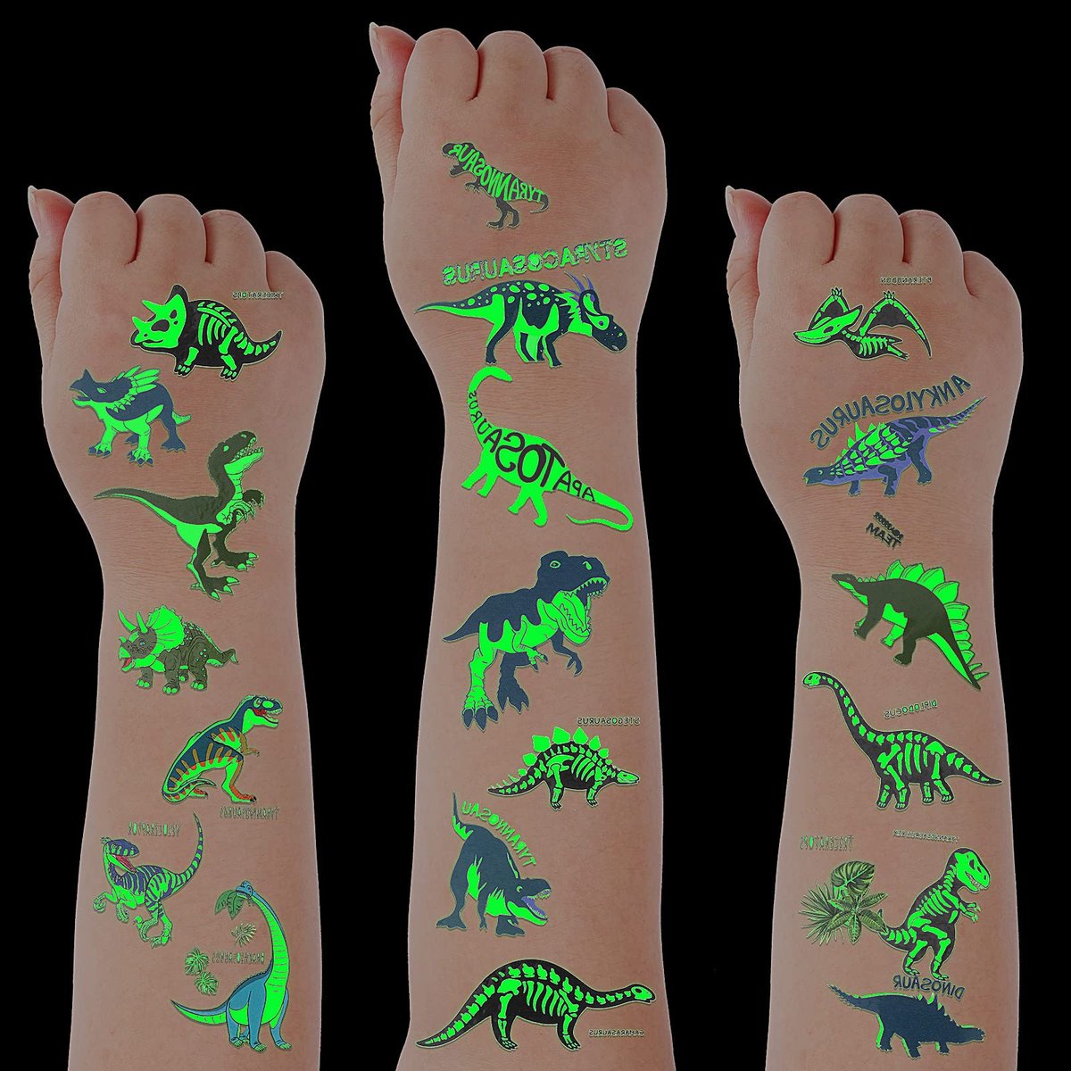Zonon Dinosaurier Leucht-Tattoos für Kinder – Glow-in-the-Dark Tattoos, wasserfest, leuchtende Dino-Tattoos, ideale Partygeschenke für Dinosaurier-Geburtstage und Halloween
