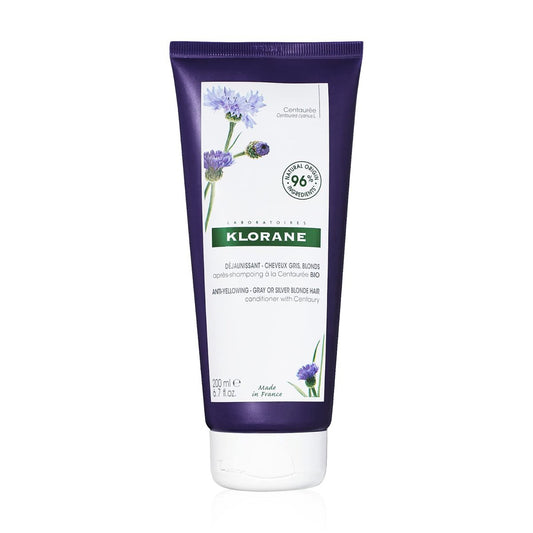 Klorane Pflanzenbasierte Pflegespülung mit Tausendgüldenkraut für blondes, graues oder weißes Haar – neutralisiert unerwünschte Gelb- und Kupfertöne, paraben-, silikon- und sulfatfrei, 200 ml