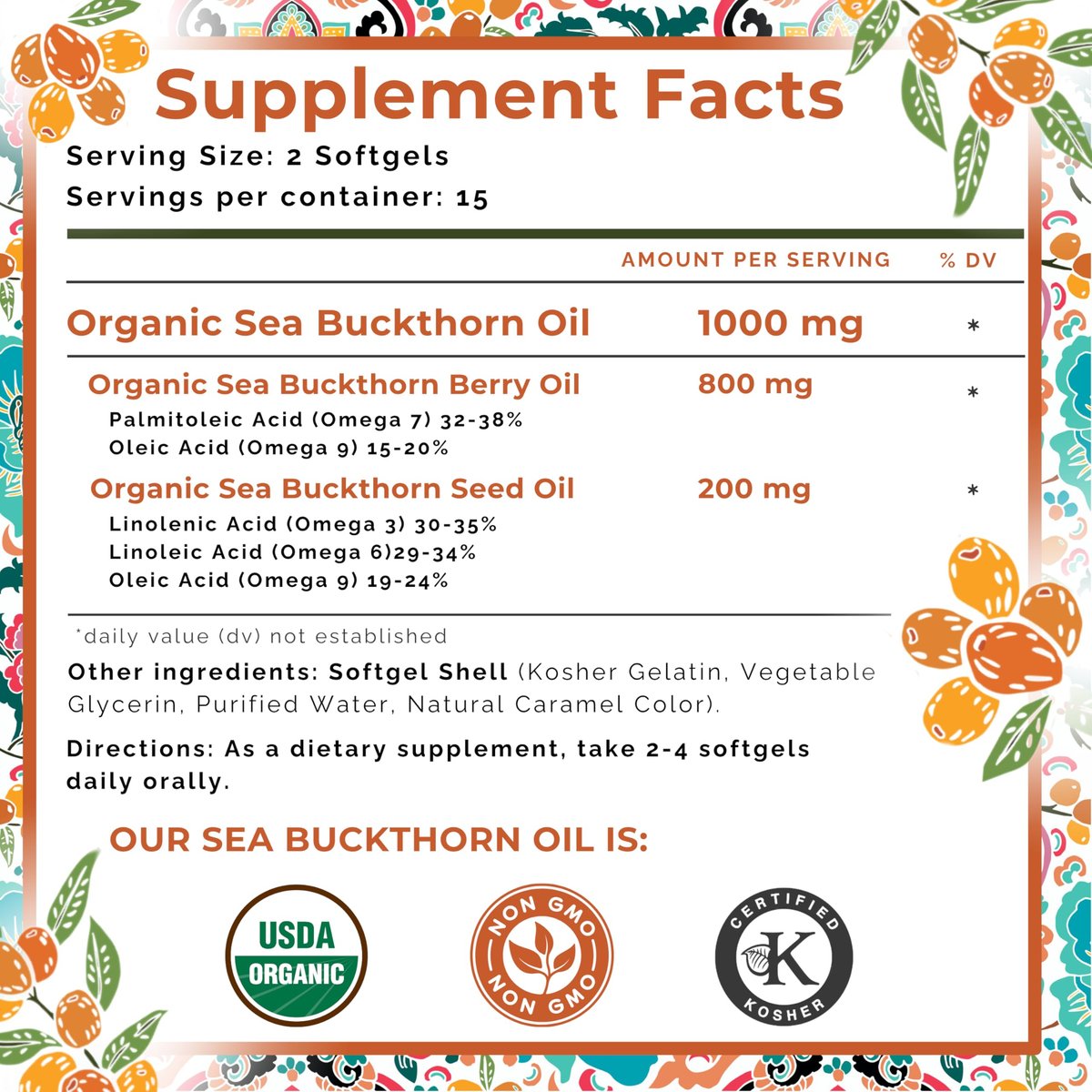 SEABUCKWONDERS Bio Sanddornöl Omega-7 Komplett, 30 Softgels, 15-Tage-Vorrat, mit Omega 3, 6 & 9, Unterstützt Haare, Haut & Nägel, 100% Rein ohne Füllstoffe