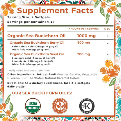 SEABUCKWONDERS Bio Sanddornöl Omega-7 Komplett, 30 Softgels, 15-Tage-Vorrat, mit Omega 3, 6 & 9, Unterstützt Haare, Haut & Nägel, 100% Rein ohne Füllstoffe