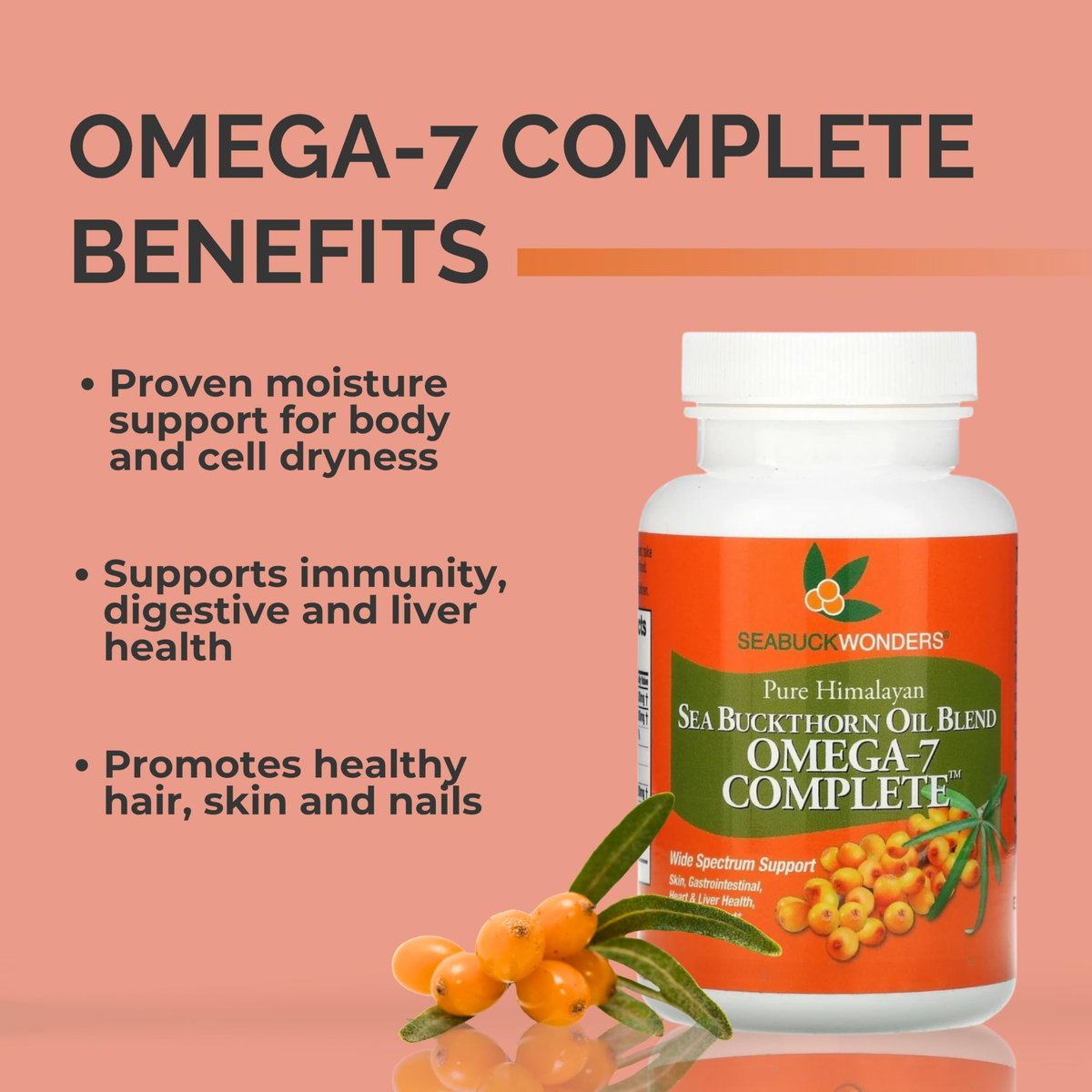SEABUCKWONDERS Bio Sanddornöl Omega-7 Komplett, 30 Softgels, 15-Tage-Vorrat, mit Omega 3, 6 & 9, Unterstützt Haare, Haut & Nägel, 100% Rein ohne Füllstoffe