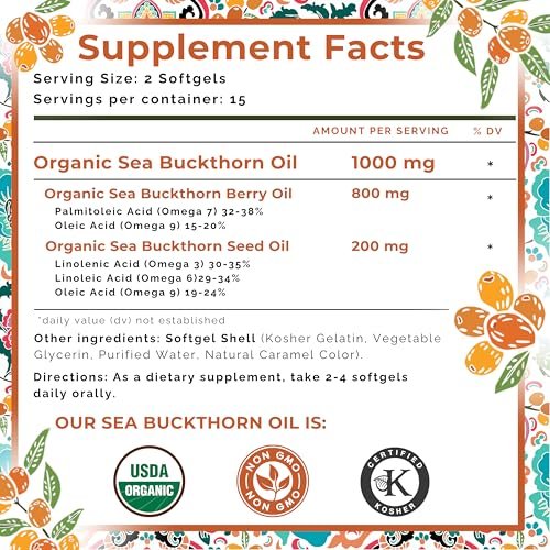 SEABUCKWONDERS Bio Sanddornöl Omega-7 Komplett, 30 Softgels, 15-Tage-Vorrat, mit Omega 3, 6 & 9, Unterstützt Haare, Haut & Nägel, 100% Rein ohne Füllstoffe