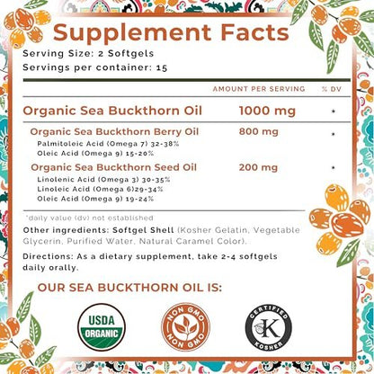 SEABUCKWONDERS Bio Sanddornöl Omega-7 Komplett, 30 Softgels, 15-Tage-Vorrat, mit Omega 3, 6 & 9, Unterstützt Haare, Haut & Nägel, 100% Rein ohne Füllstoffe