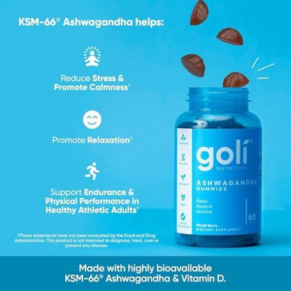 Goli Ashwagandha & Vitamin D Gummy – 60 Stück – Mixed Berry, KSM-66, Vegan, Pflanzlich, Nicht-GVO, Glutenfrei & Gelatinefrei – Entspannen. Erholen. Abschalten – Packung mit 1
