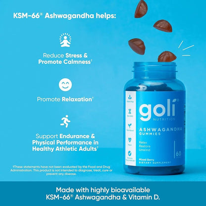 Goli Ashwagandha & Vitamin D Gummy – 60 Stück – Mixed Berry, KSM-66, Vegan, Pflanzlich, Nicht-GVO, Glutenfrei & Gelatinefrei – Entspannen. Erholen. Abschalten – Packung mit 1