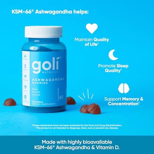 Goli Ashwagandha & Vitamin D Gummy – 60 Stück – Mixed Berry, KSM-66, Vegan, Pflanzlich, Nicht-GVO, Glutenfrei & Gelatinefrei – Entspannen. Erholen. Abschalten – Packung mit 1
