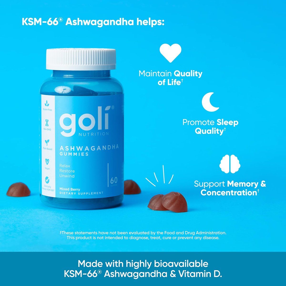 Goli Ashwagandha & Vitamin D Gummy – 60 Stück – Mixed Berry, KSM-66, Vegan, Pflanzlich, Nicht-GVO, Glutenfrei & Gelatinefrei – Entspannen. Erholen. Abschalten – Packung mit 1