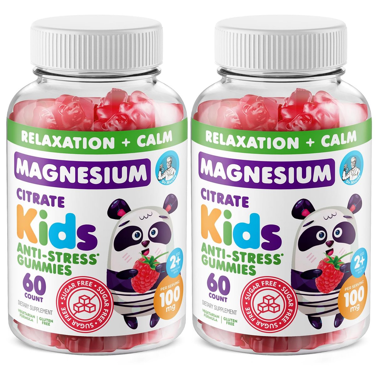 DR. MORITZ Zuckerfreie Beruhigende Magnesium Gummis für Kinder und Erwachsene - Nicht-GMO Magnesiumcitrat Gummis - Himbeergeschmack - 2er-Pack (60 Stück)