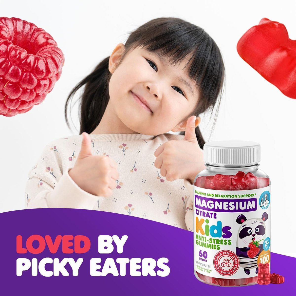 DR. MORITZ Zuckerfreie Beruhigende Magnesium Gummis für Kinder und Erwachsene - Nicht-GMO Magnesiumcitrat Gummis - Himbeergeschmack - 2er-Pack (60 Stück)