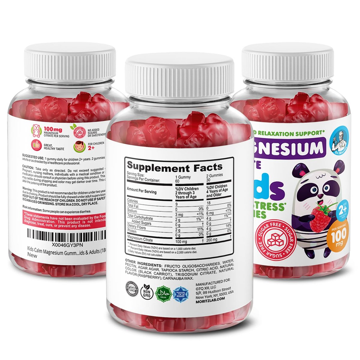 DR. MORITZ Zuckerfreie Beruhigende Magnesium Gummis für Kinder und Erwachsene - Nicht-GMO Magnesiumcitrat Gummis - Himbeergeschmack - 2er-Pack (60 Stück)
