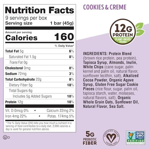 Lenny & Larry's Cookie-fied Protein Bar – Cookies & Creme Vegan Proteinriegel 9x45g – Gesunder Snack mit 12g pflanzlichem Protein & 5g Ballaststoffen – Glutenfreier Powerriegel, Non-GMO & Vegan