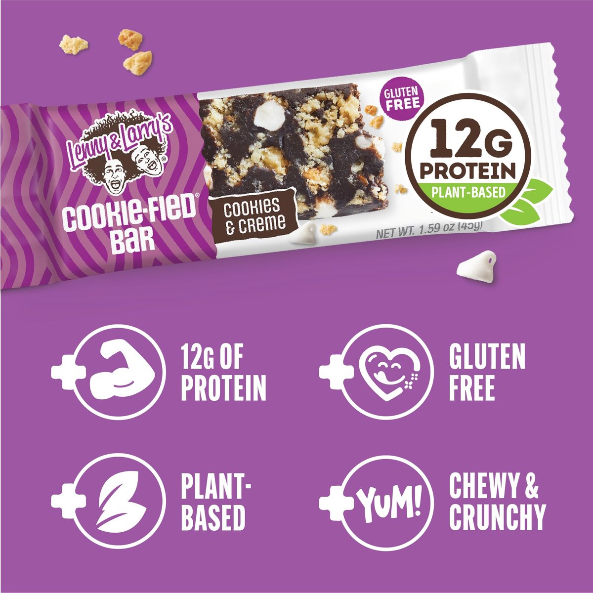 Lenny & Larry's Cookie-fied Protein Bar – Cookies & Creme Vegan Proteinriegel 9x45g – Gesunder Snack mit 12g pflanzlichem Protein & 5g Ballaststoffen – Glutenfreier Powerriegel, Non-GMO & Vegan