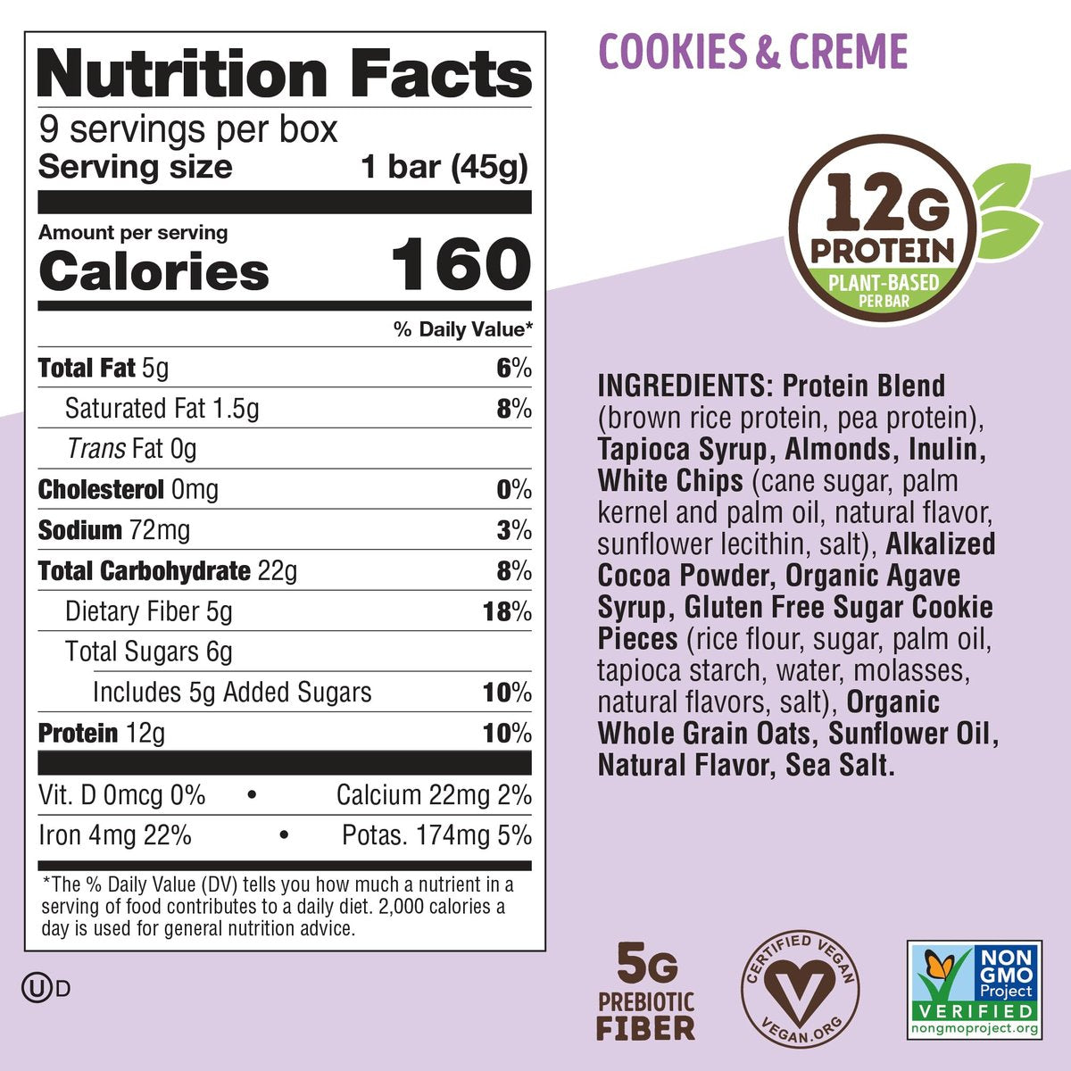 Lenny & Larry's Cookie-fied Protein Bar – Cookies & Creme Vegan Proteinriegel 9x45g – Gesunder Snack mit 12g pflanzlichem Protein & 5g Ballaststoffen – Glutenfreier Powerriegel, Non-GMO & Vegan