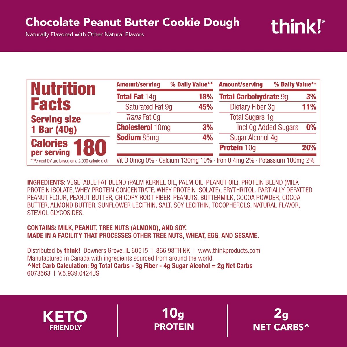 think! Delight Keto Protein Riegel, kohlenhydratarm, glutenfrei, Snack – Schokoladen-Erdnussbutter-Keksteig, 10er-Pack (Verpackung kann variieren)