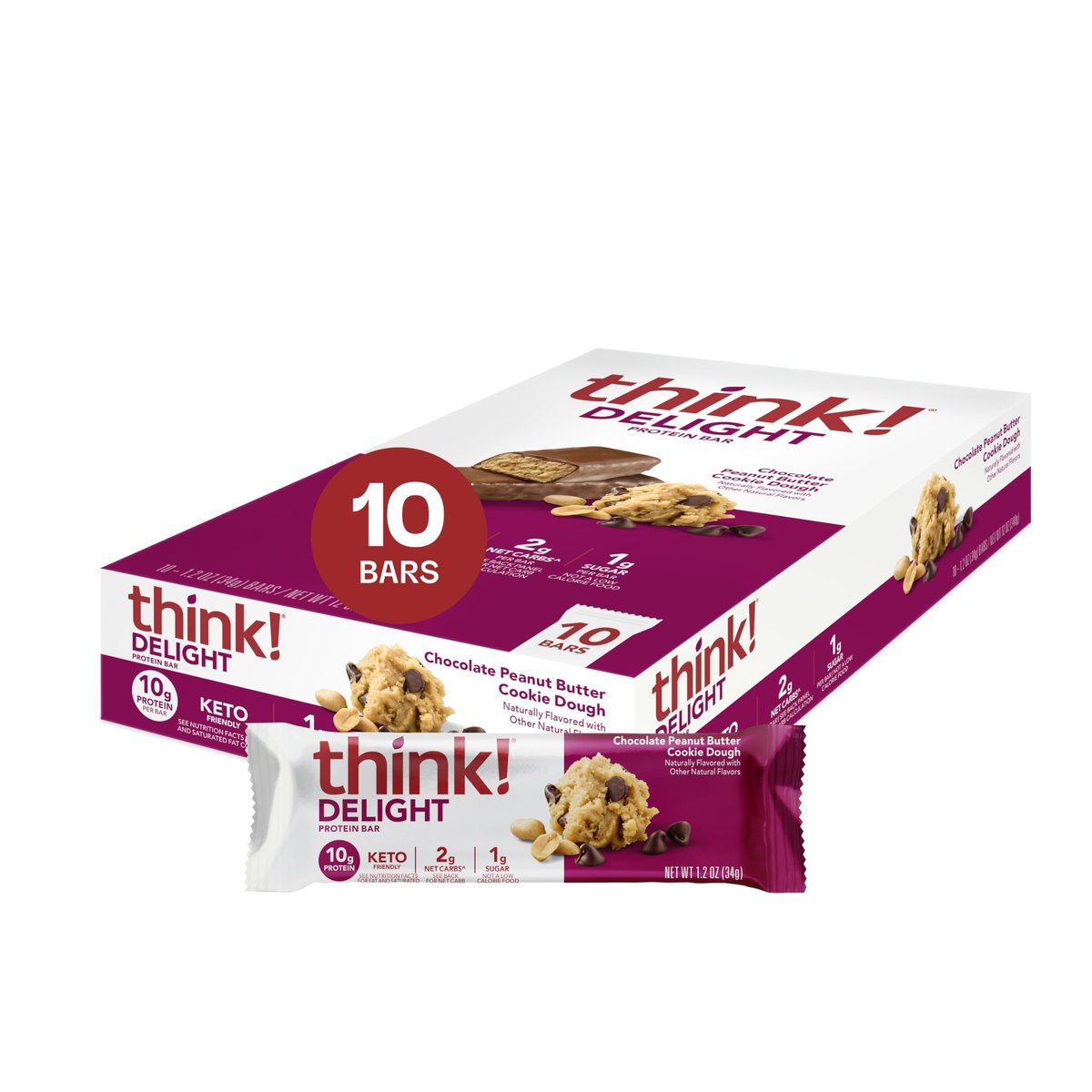 think! Delight Keto Protein Riegel, kohlenhydratarm, glutenfrei, Snack – Schokoladen-Erdnussbutter-Keksteig, 10er-Pack (Verpackung kann variieren)