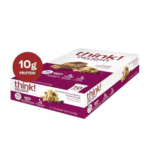 think! Delight Keto Protein Riegel, kohlenhydratarm, glutenfrei, Snack – Schokoladen-Erdnussbutter-Keksteig, 10er-Pack (Verpackung kann variieren)