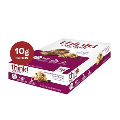 think! Delight Keto Protein Riegel, kohlenhydratarm, glutenfrei, Snack – Schokoladen-Erdnussbutter-Keksteig, 10er-Pack (Verpackung kann variieren)