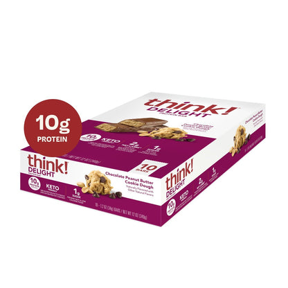 think! Delight Keto Protein Riegel, kohlenhydratarm, glutenfrei, Snack – Schokoladen-Erdnussbutter-Keksteig, 10er-Pack (Verpackung kann variieren)