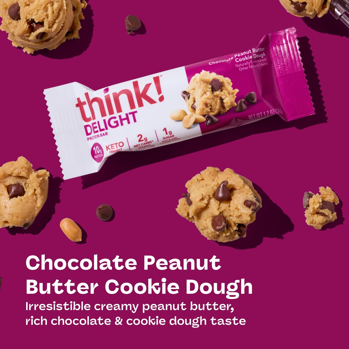 think! Delight Keto Protein Riegel, kohlenhydratarm, glutenfrei, Snack – Schokoladen-Erdnussbutter-Keksteig, 10er-Pack (Verpackung kann variieren)