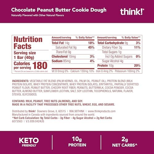 think! Delight Keto Protein Riegel, kohlenhydratarm, glutenfrei, Snack – Schokoladen-Erdnussbutter-Keksteig, 10er-Pack (Verpackung kann variieren)