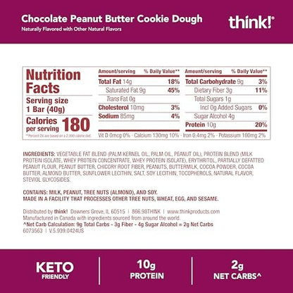 think! Delight Keto Protein Riegel, kohlenhydratarm, glutenfrei, Snack – Schokoladen-Erdnussbutter-Keksteig, 10er-Pack (Verpackung kann variieren)