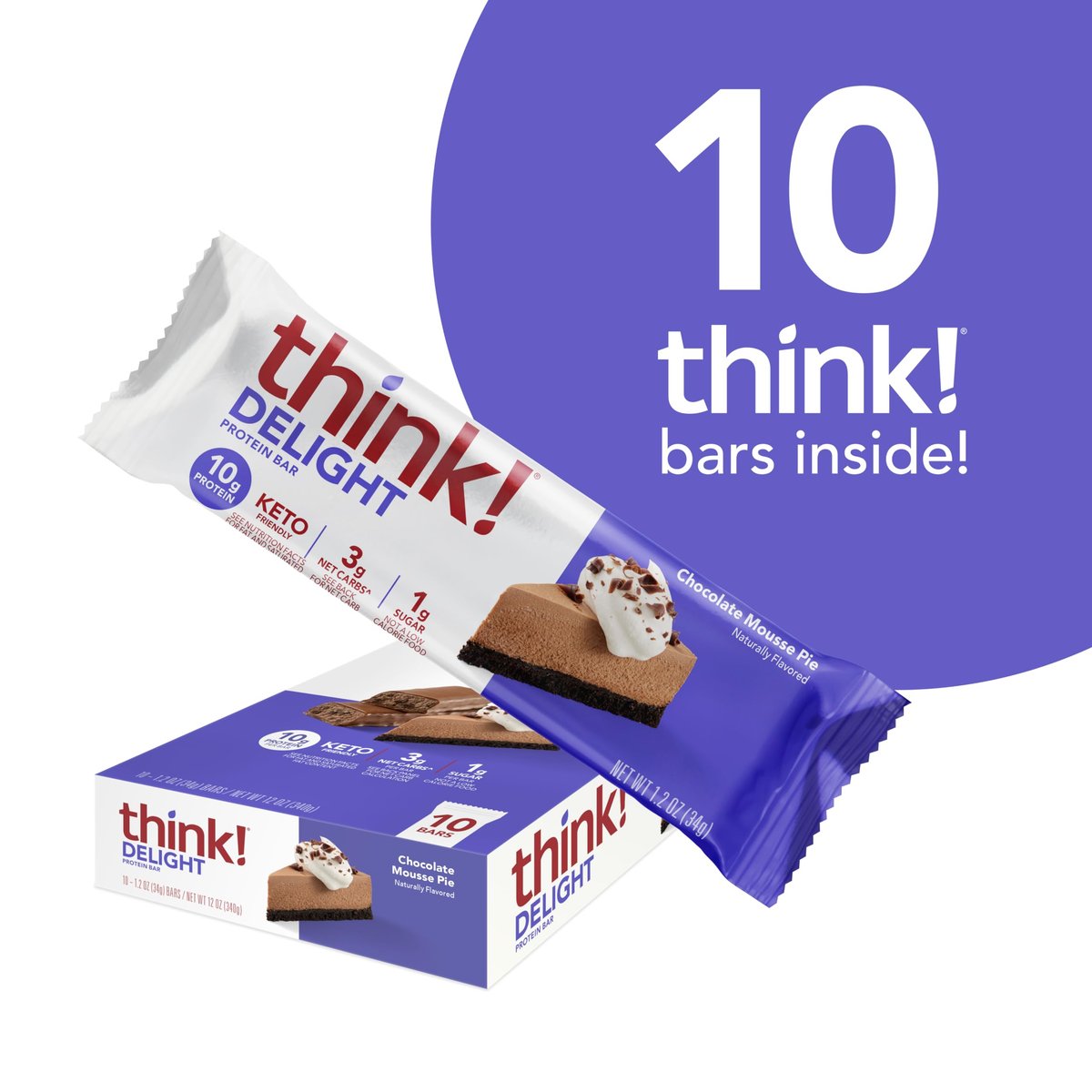 think! Delight Keto Protein Riegel – Schokoladen-Mousse-Kuchen, 10er Pack, Low Carb, Glutenfrei