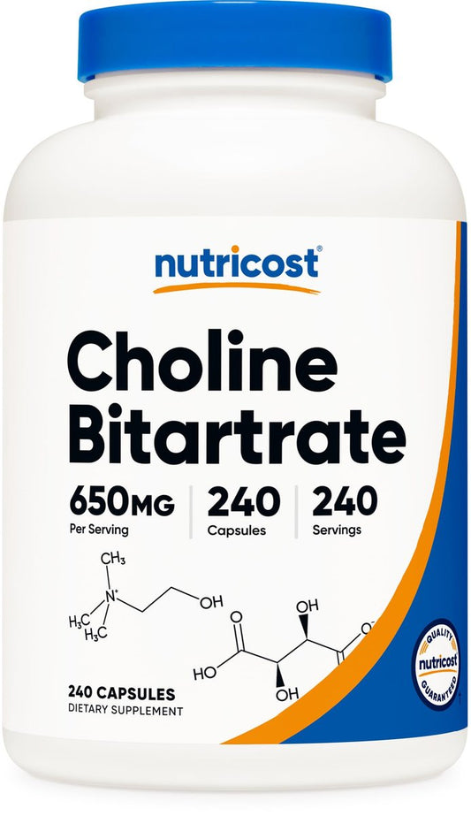 Nutricost Cholinbitartrat 650mg, 240 vegane Kapseln – Non-GMO, vegetarisch, glutenfrei