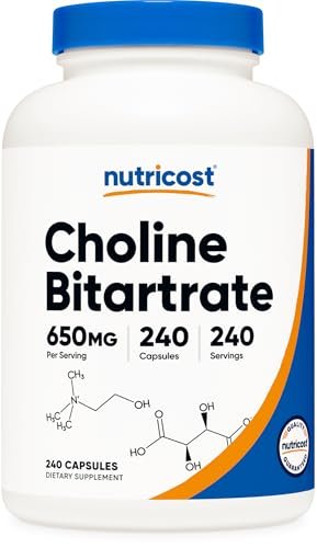 Nutricost Cholinbitartrat 650mg, 240 vegane Kapseln – Non-GMO, vegetarisch, glutenfrei