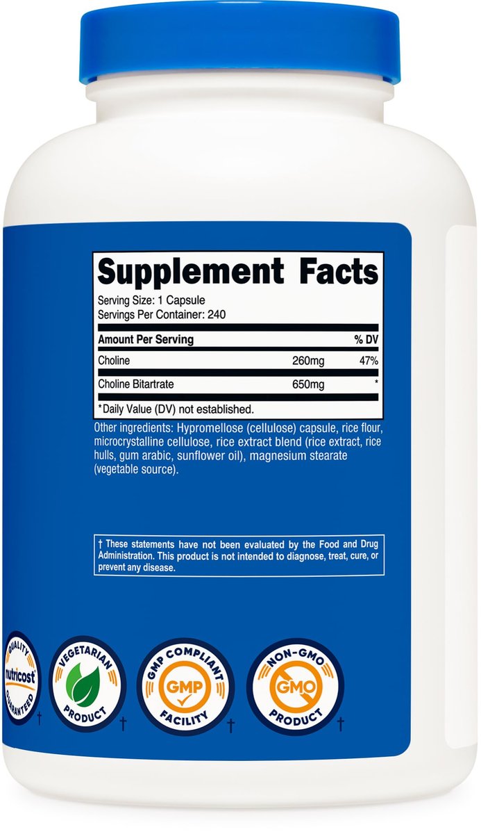 Nutricost Cholinbitartrat 650mg, 240 vegane Kapseln – Non-GMO, vegetarisch, glutenfrei