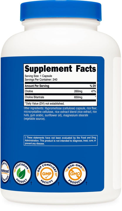 Nutricost Cholinbitartrat 650mg, 240 vegane Kapseln – Non-GMO, vegetarisch, glutenfrei