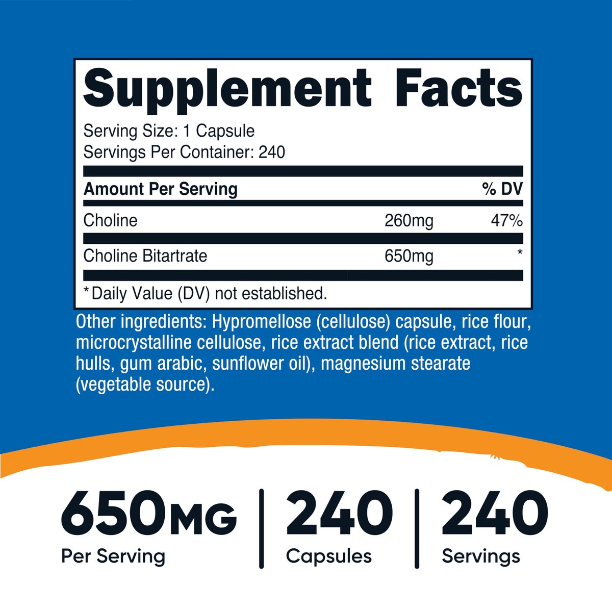 Nutricost Cholinbitartrat 650mg, 240 vegane Kapseln – Non-GMO, vegetarisch, glutenfrei