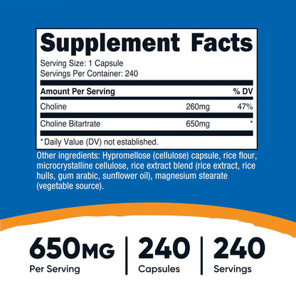 Nutricost Cholinbitartrat 650mg, 240 vegane Kapseln – Non-GMO, vegetarisch, glutenfrei