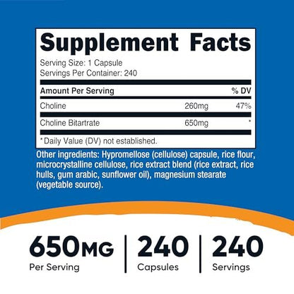 Nutricost Cholinbitartrat 650mg, 240 vegane Kapseln – Non-GMO, vegetarisch, glutenfrei