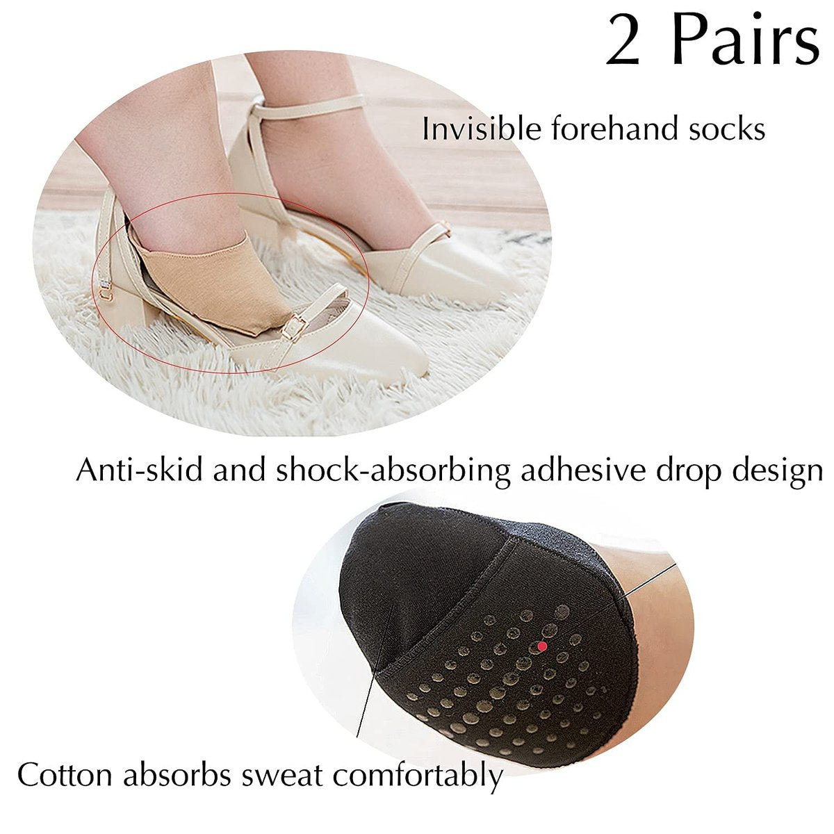 SooGree Ball-of-Foot Cushion Socken – Nahtlose Zehenkappen-Socken, Halbfuß-Socken mit Silikon-Griff, Schmerzlinderung, 1 Paar Schwarz + 1 Paar Beige, Medium