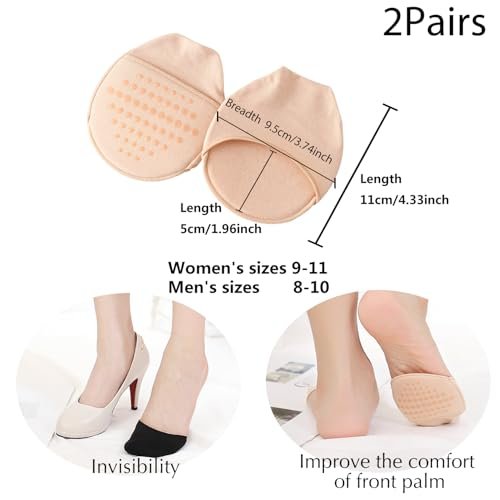 SooGree Ball-of-Foot Cushion Socken – Nahtlose Zehenkappen-Socken, Halbfuß-Socken mit Silikon-Griff, Schmerzlinderung, 1 Paar Schwarz + 1 Paar Beige, Medium