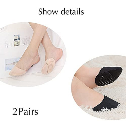 SooGree Ball-of-Foot Cushion Socken – Nahtlose Zehenkappen-Socken, Halbfuß-Socken mit Silikon-Griff, Schmerzlinderung, 1 Paar Schwarz + 1 Paar Beige, Medium