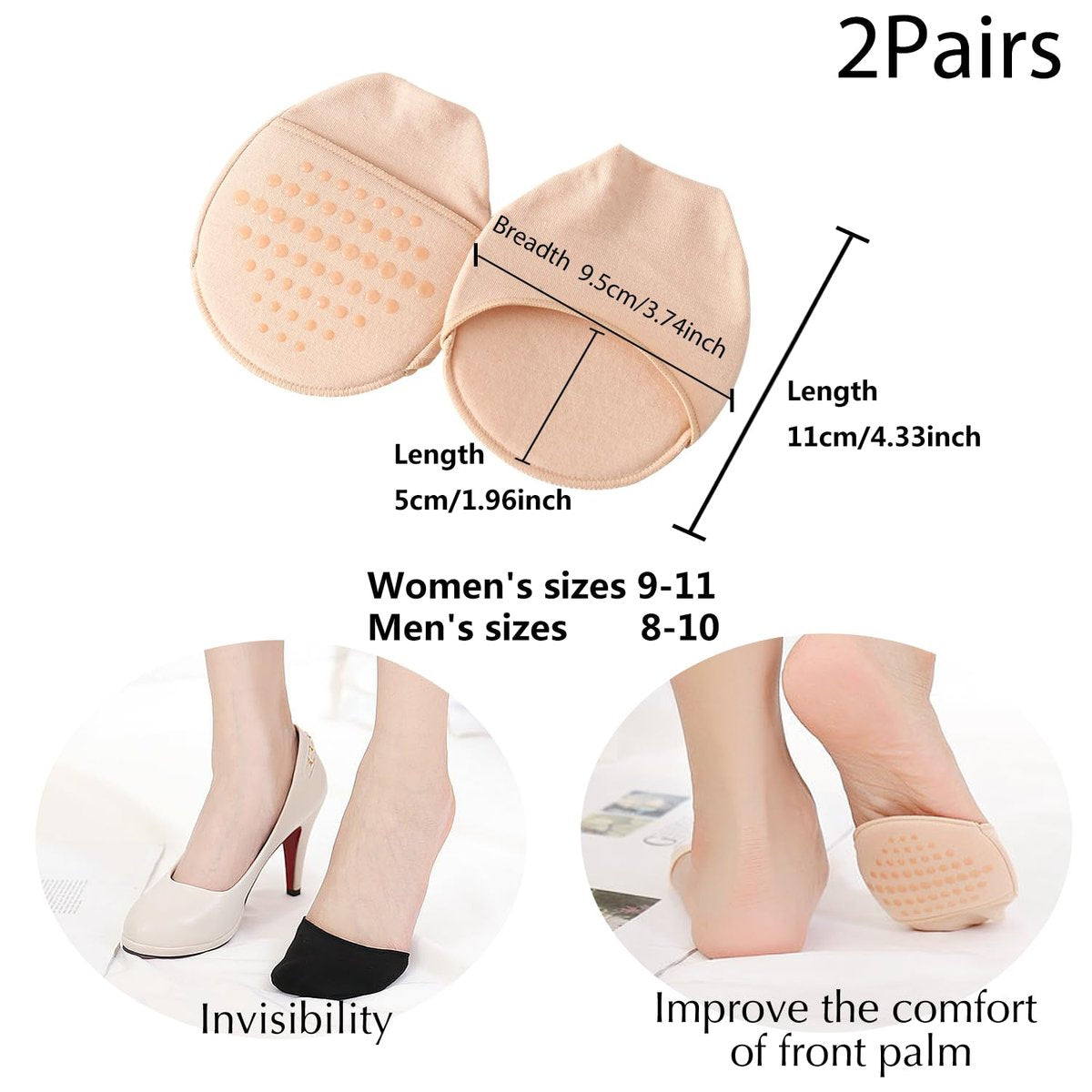 SooGree Ball-of-Foot Cushion Socken – Nahtlose Zehenkappen-Socken, Halbfuß-Socken mit Silikon-Griff, Schmerzlinderung, 1 Paar Schwarz + 1 Paar Beige, Medium