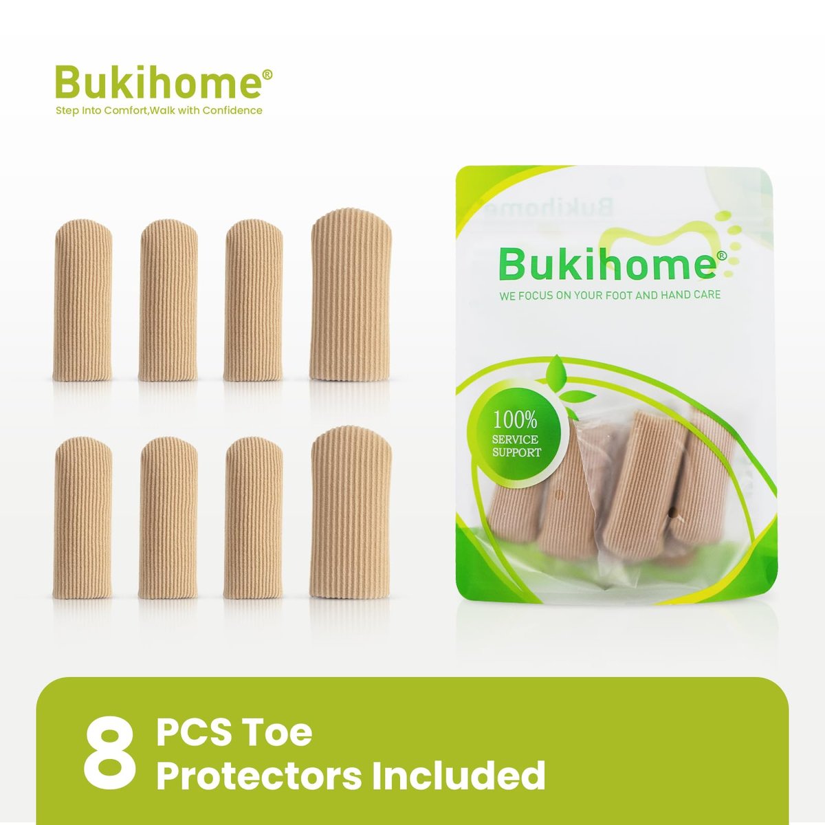 Bukihome 8er-Pack Zehenschützer aus Silikon – Geschlossene Zehenkappen mit Stoffüberzug zur Schmerzlinderung bei Hühneraugen, Blasen und eingewachsenen Zehennägeln (2x groß + 6x mittel) [Upgrade]