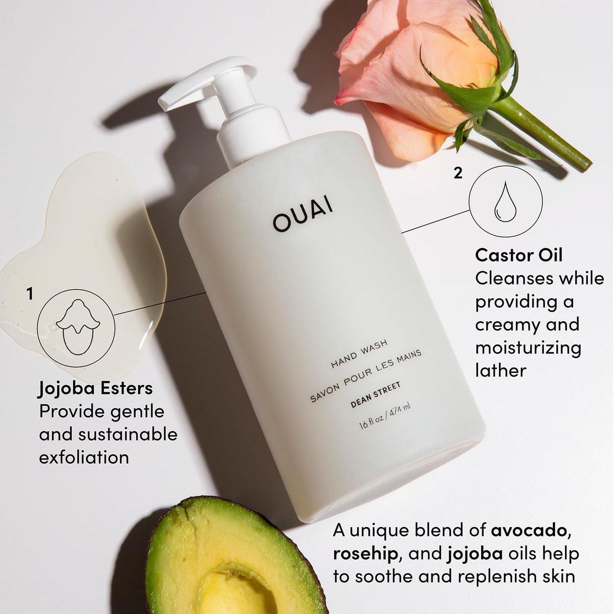 OUAI Hand Wash & Hand Lotion Set, Dean Street Duft – Feuchtigkeitsspendend & Peeling-Wirkung bei täglicher Anwendung – mit Jojobaestern, Avocado- & Rosenöl (je 473 ml)