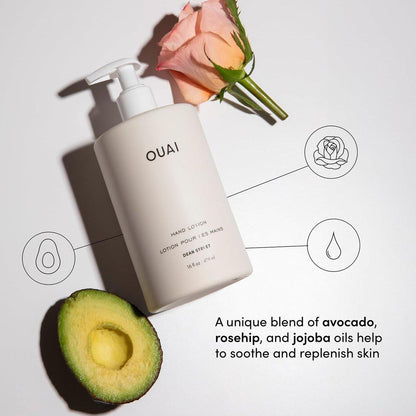 OUAI Hand Wash & Hand Lotion Set, Dean Street Duft – Feuchtigkeitsspendend & Peeling-Wirkung bei täglicher Anwendung – mit Jojobaestern, Avocado- & Rosenöl (je 473 ml)