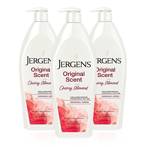 Jergens Original Trockene Haut Körperlotion, Hand- und Körperfeuchtigkeitscreme mit Kirsch-Mandel-Duft, dermatologisch getestet, 21 oz, 3er-Pack