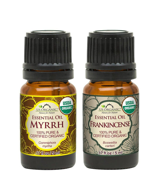 US Organic 100% Reines Myrrhe & Weihrauch Bio-Öl-Set – Direkt vom Horn von Afrika – USDA Bio-zertifiziert – Zur topischen Anwendung oder im Diffuser (2 x 5 ml)