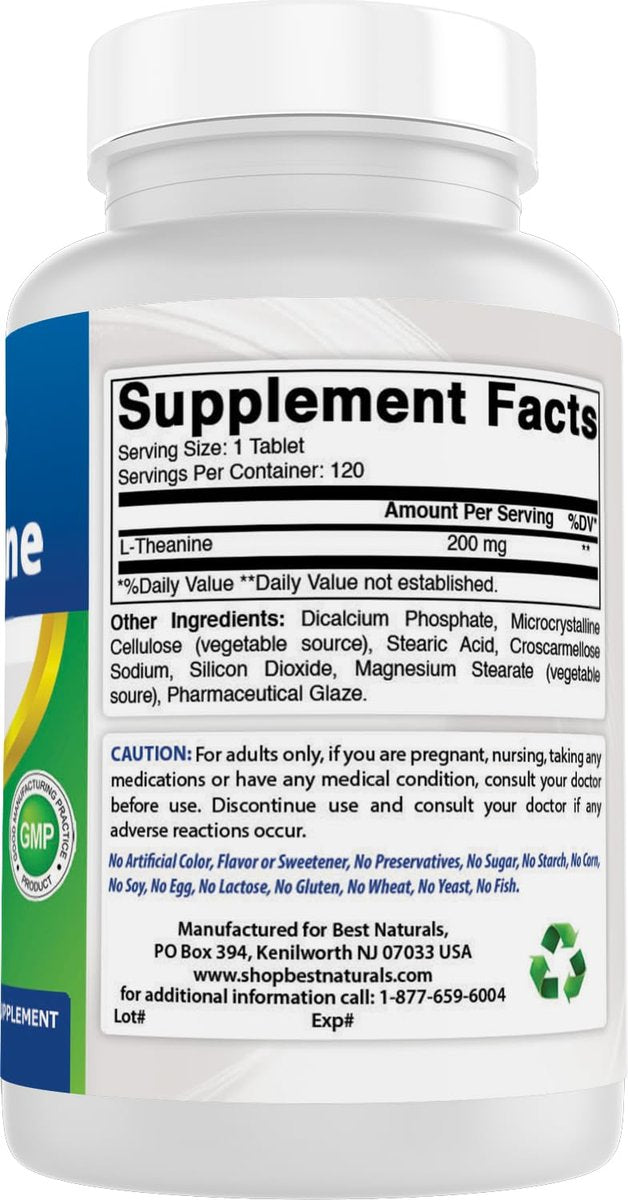 Best Naturals L-Theanin 200mg pro Tablette (400mg pro 2 Tabletten) – Fördert Entspannung ohne Schläfrigkeit – 120 vegetarische Tabletten