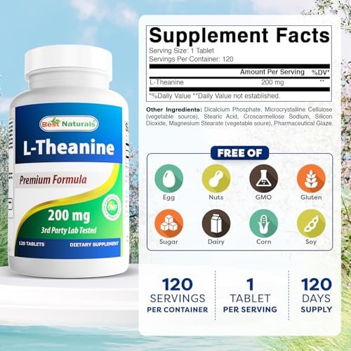 Best Naturals L-Theanin 200mg pro Tablette (400mg pro 2 Tabletten) – Fördert Entspannung ohne Schläfrigkeit – 120 vegetarische Tabletten